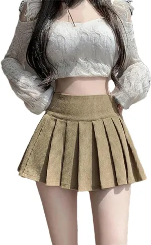 Women Corduroy Pleated Skirt High Waist Casual Vintage A Line Mini Skirts