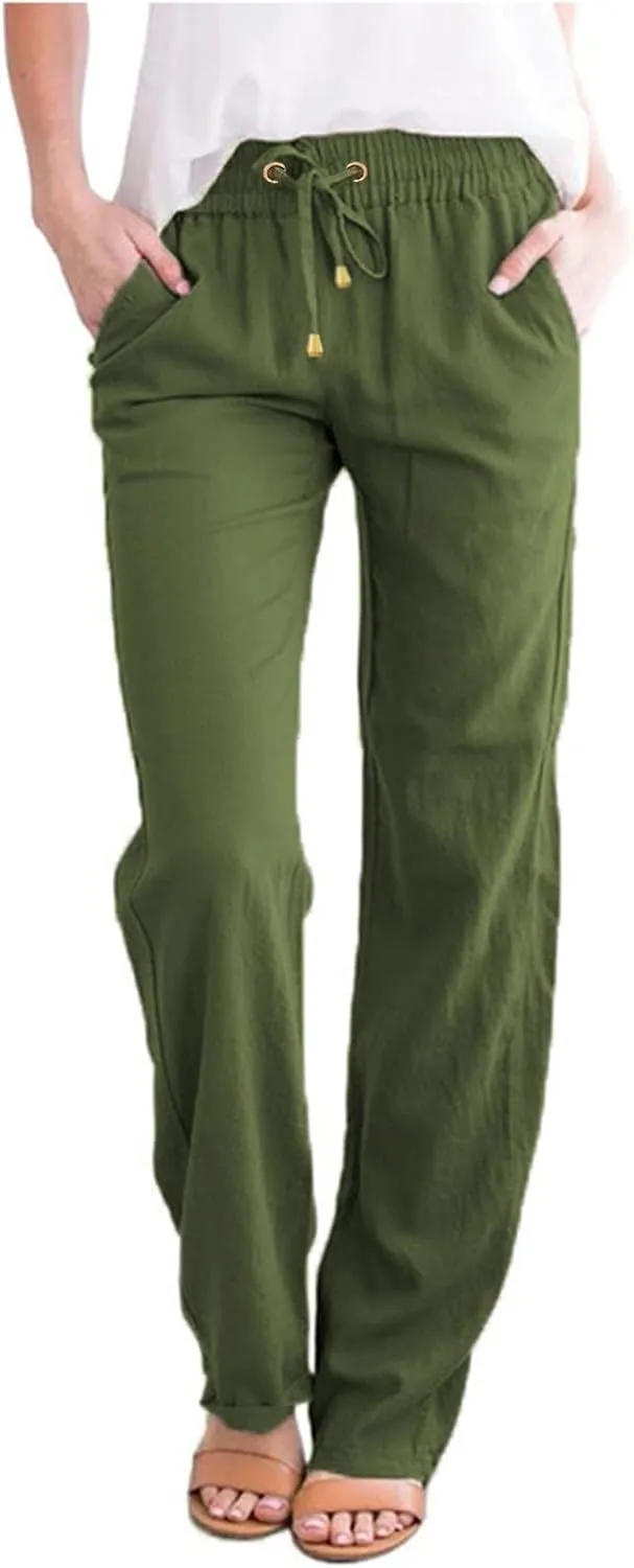 Women Cotton Linen Casual Pants Drawstring Elastic Waist Work Straight Leg Pants Loose Comfy Summer Beach Trousers
