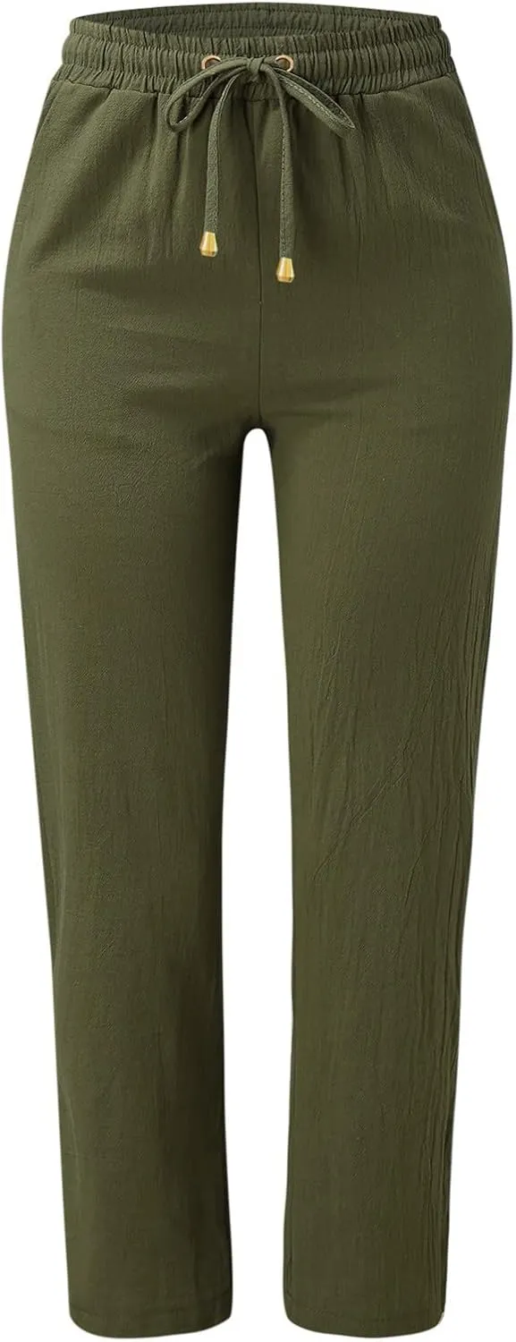 Women Cotton Linen Casual Pants Drawstring Elastic Waist Work Straight Leg Pants Loose Comfy Summer Beach Trousers