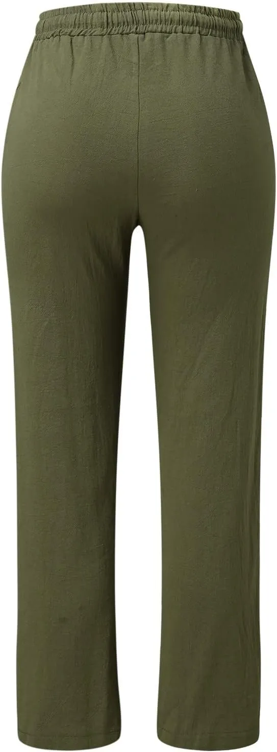 Women Cotton Linen Casual Pants Drawstring Elastic Waist Work Straight Leg Pants Loose Comfy Summer Beach Trousers