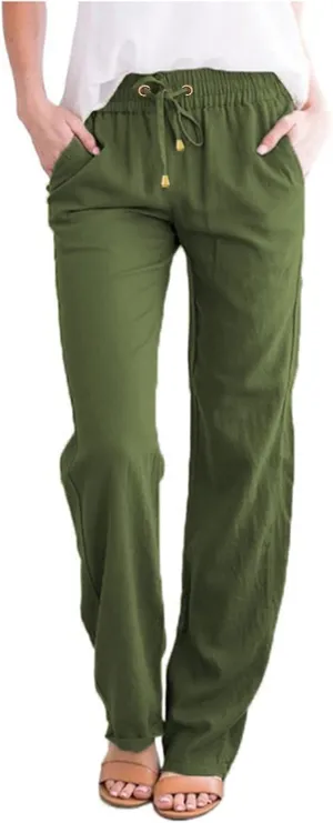 Women Cotton Linen Casual Pants Drawstring Elastic Waist Work Straight Leg Pants Loose Comfy Summer Beach Trousers
