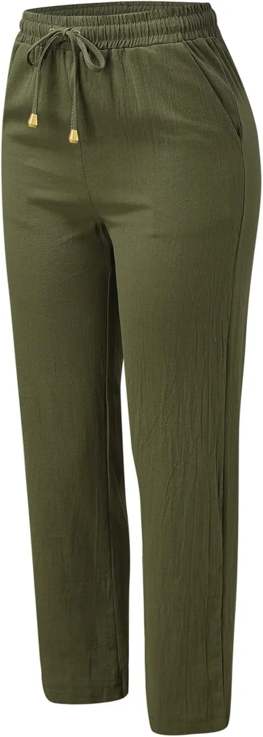 Women Cotton Linen Casual Pants Drawstring Elastic Waist Work Straight Leg Pants Loose Comfy Summer Beach Trousers