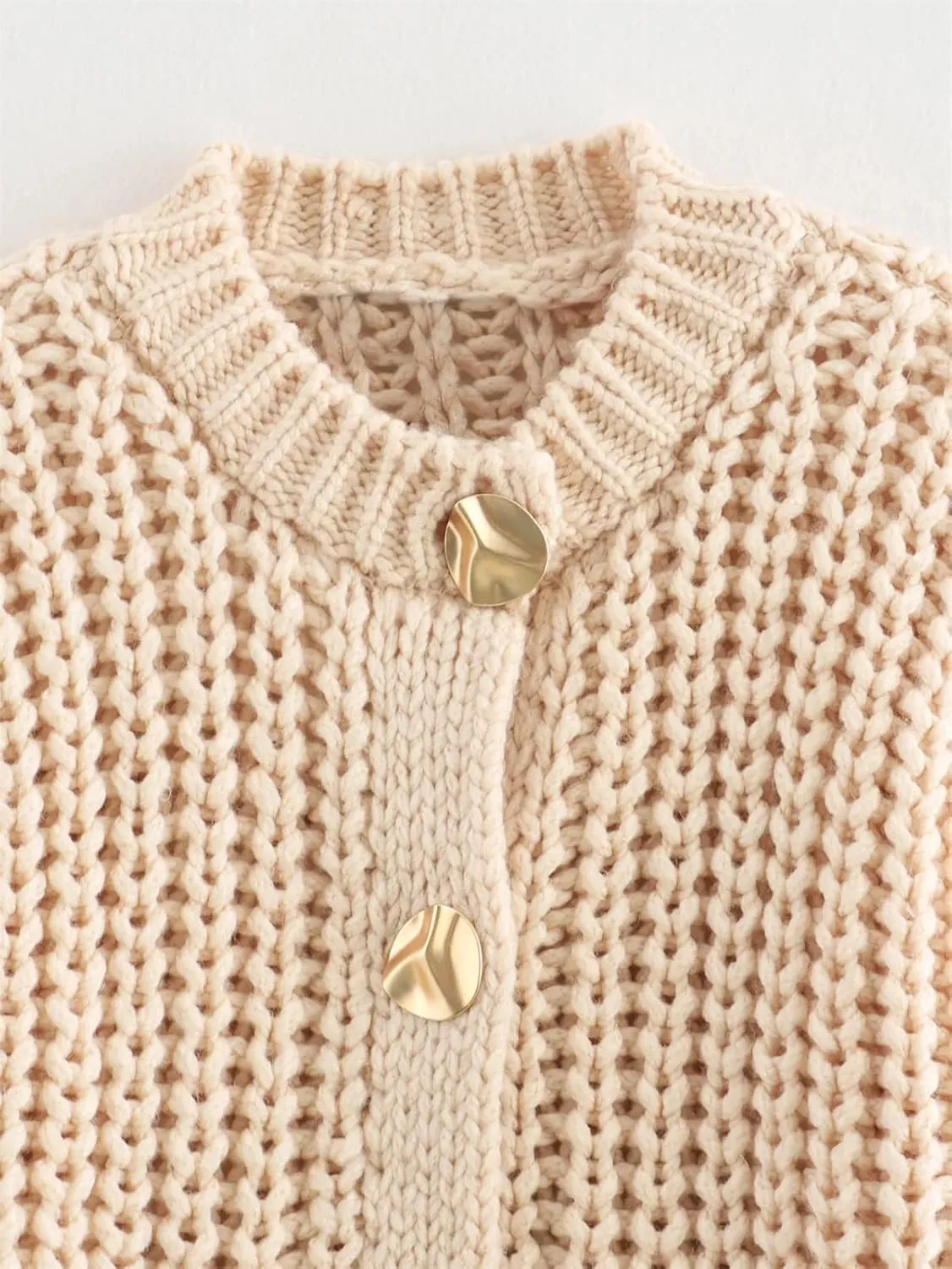 Women Crew Neck Chunky Knit Cardigan Vintage Metal Buttons Pockets Sweater Coat