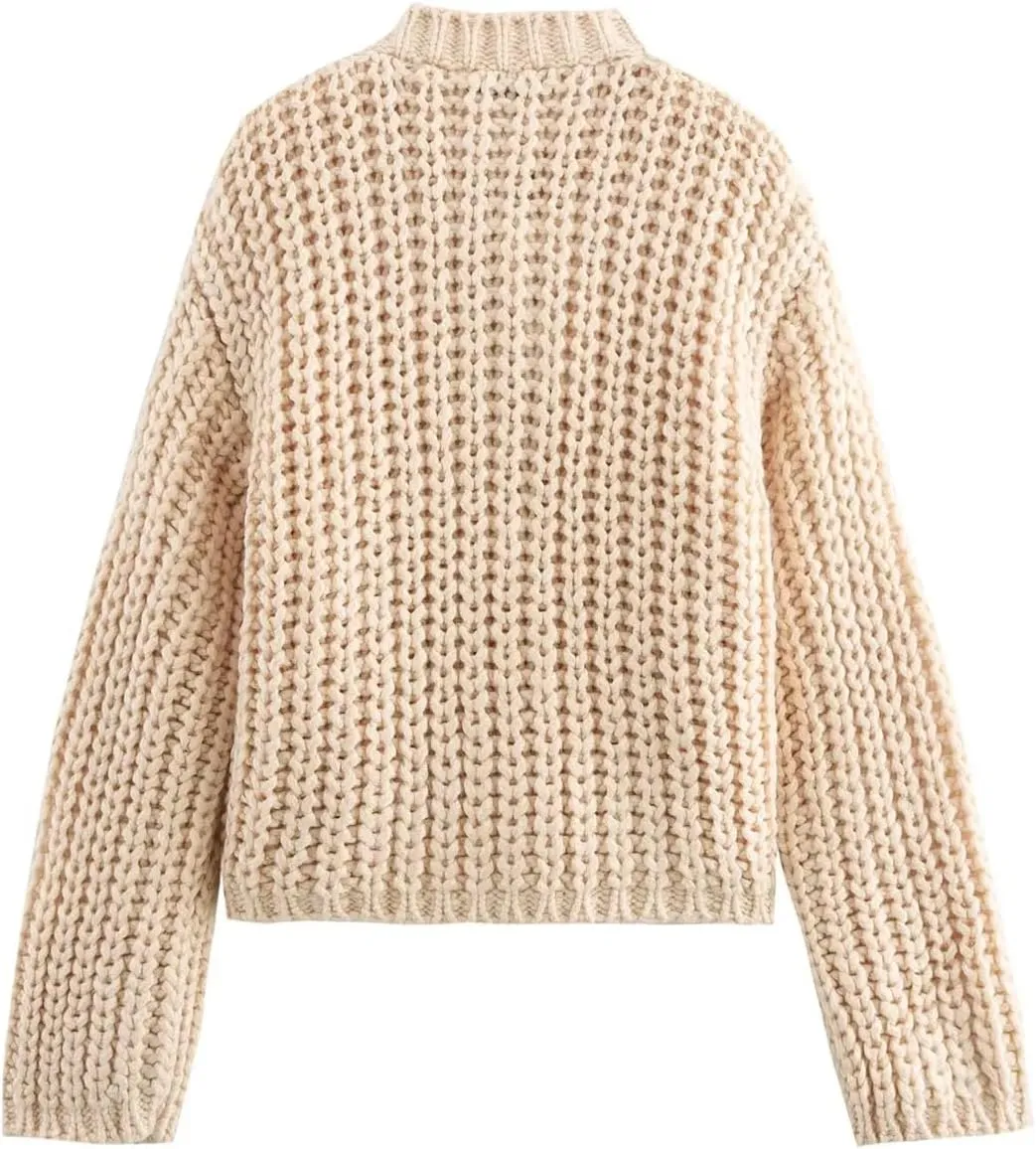 Women Crew Neck Chunky Knit Cardigan Vintage Metal Buttons Pockets Sweater Coat