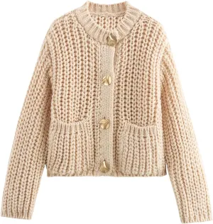 Women Crew Neck Chunky Knit Cardigan Vintage Metal Buttons Pockets Sweater Coat