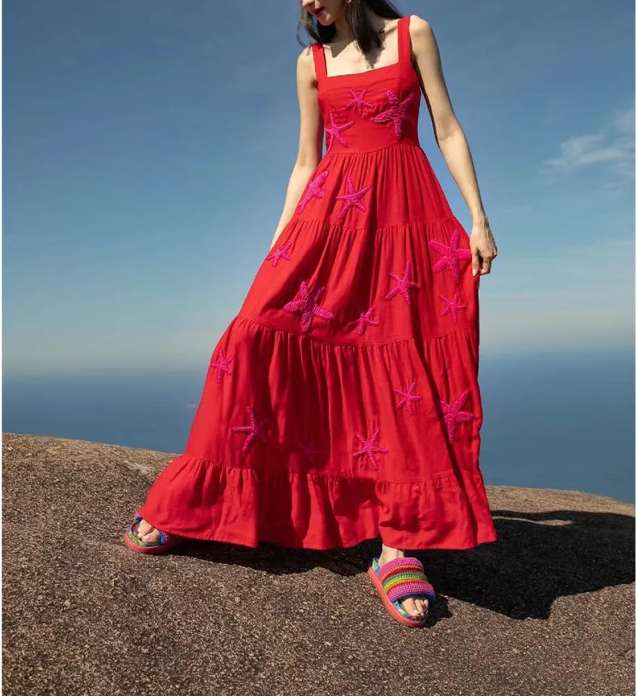 Women Embroidered Maxi Dress Sleeveless Smocked Flowy Sundress Boho Summer Long Dresses Beach Vocation