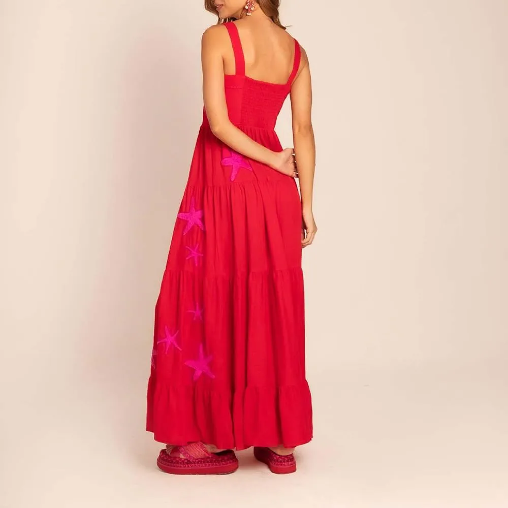 Women Embroidered Maxi Dress Sleeveless Smocked Flowy Sundress Boho Summer Long Dresses Beach Vocation