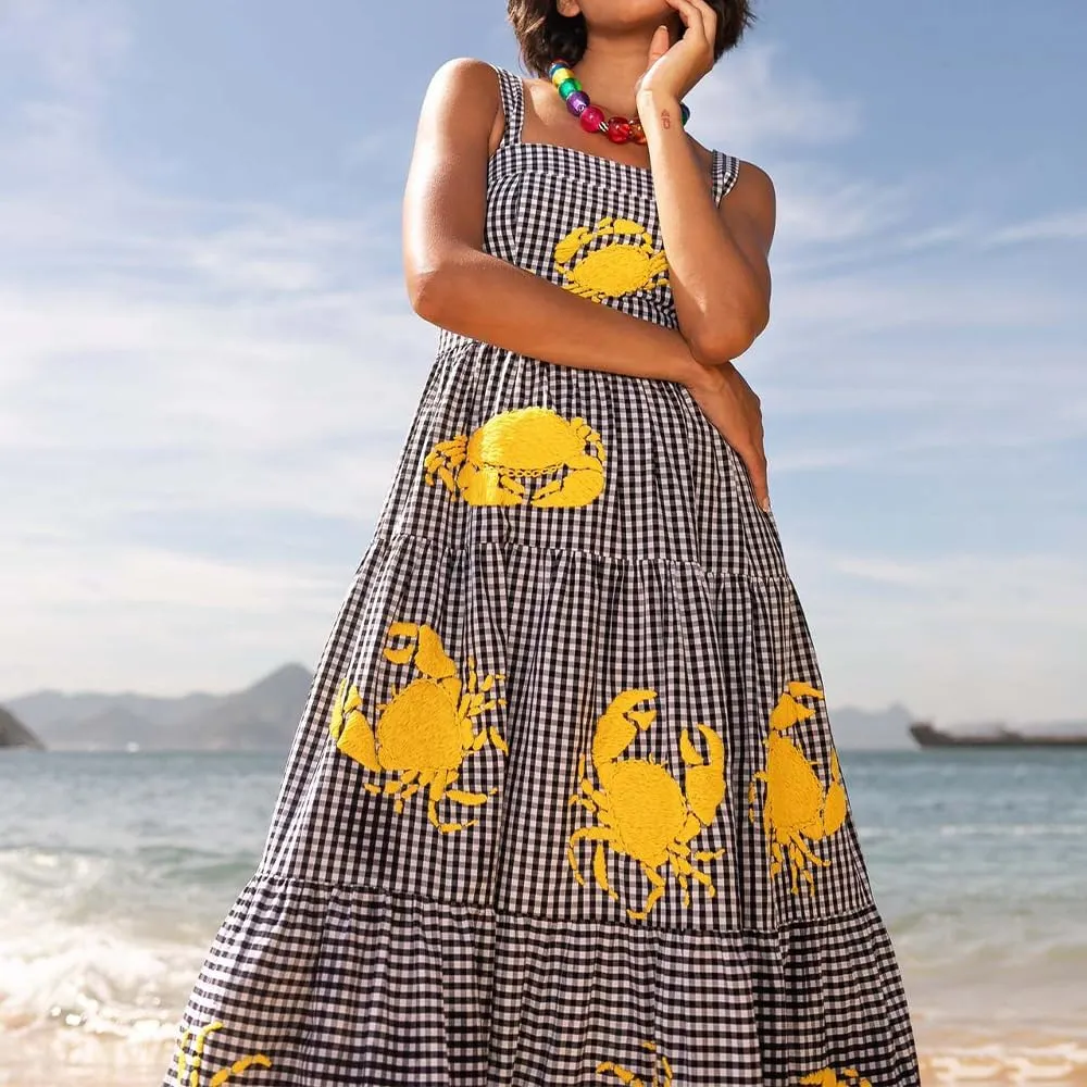Women Embroidered Maxi Dress Sleeveless Smocked Flowy Sundress Boho Summer Long Dresses Beach Vocation