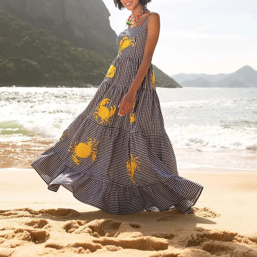 Women Embroidered Maxi Dress Sleeveless Smocked Flowy Sundress Boho Summer Long Dresses Beach Vocation