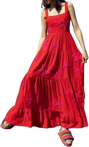 Women Embroidered Maxi Dress Sleeveless Smocked Flowy Sundress Boho Summer Long Dresses Beach Vocation