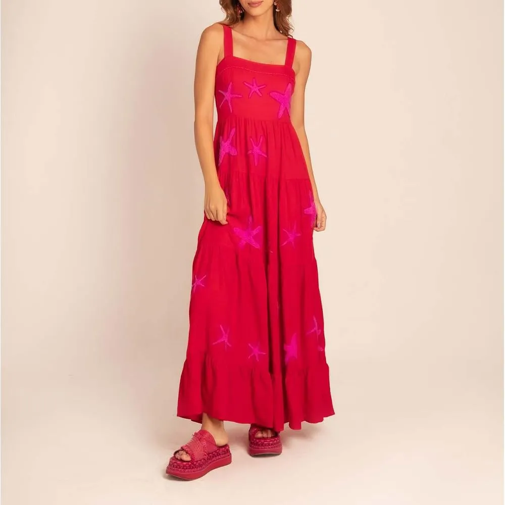 Women Embroidered Maxi Dress Sleeveless Smocked Flowy Sundress Boho Summer Long Dresses Beach Vocation