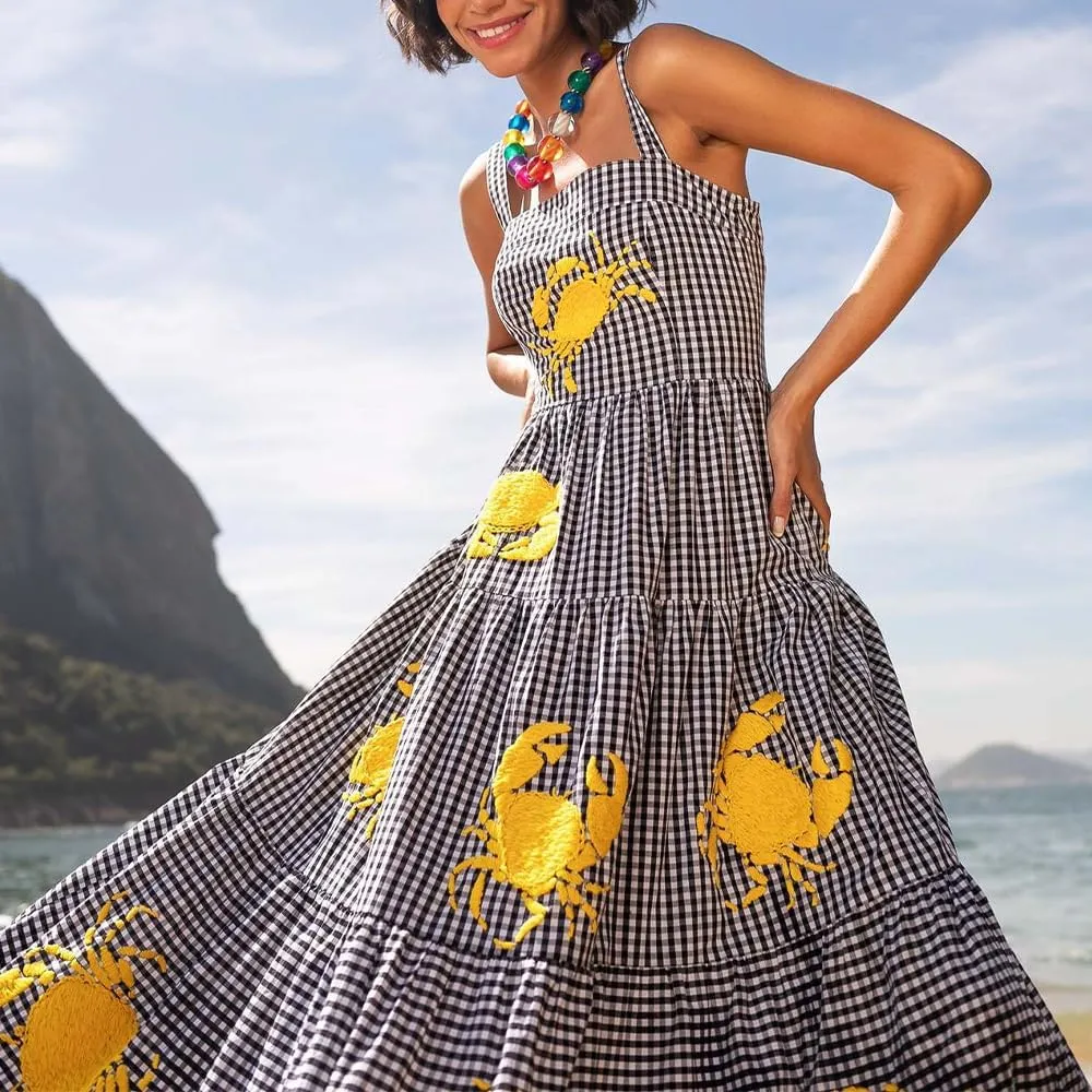 Women Embroidered Maxi Dress Sleeveless Smocked Flowy Sundress Boho Summer Long Dresses Beach Vocation