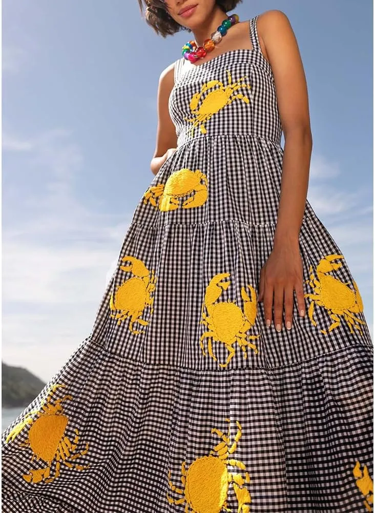 Women Embroidered Maxi Dress Sleeveless Smocked Flowy Sundress Boho Summer Long Dresses Beach Vocation
