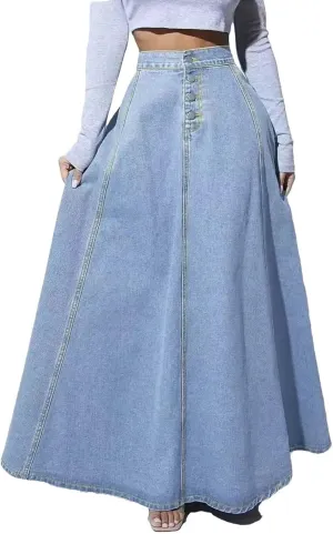 Women High Waist A Line Denim Skirt Button Front Maxi Skirt Elegant Casual Vintage Long Skirt Streetwear