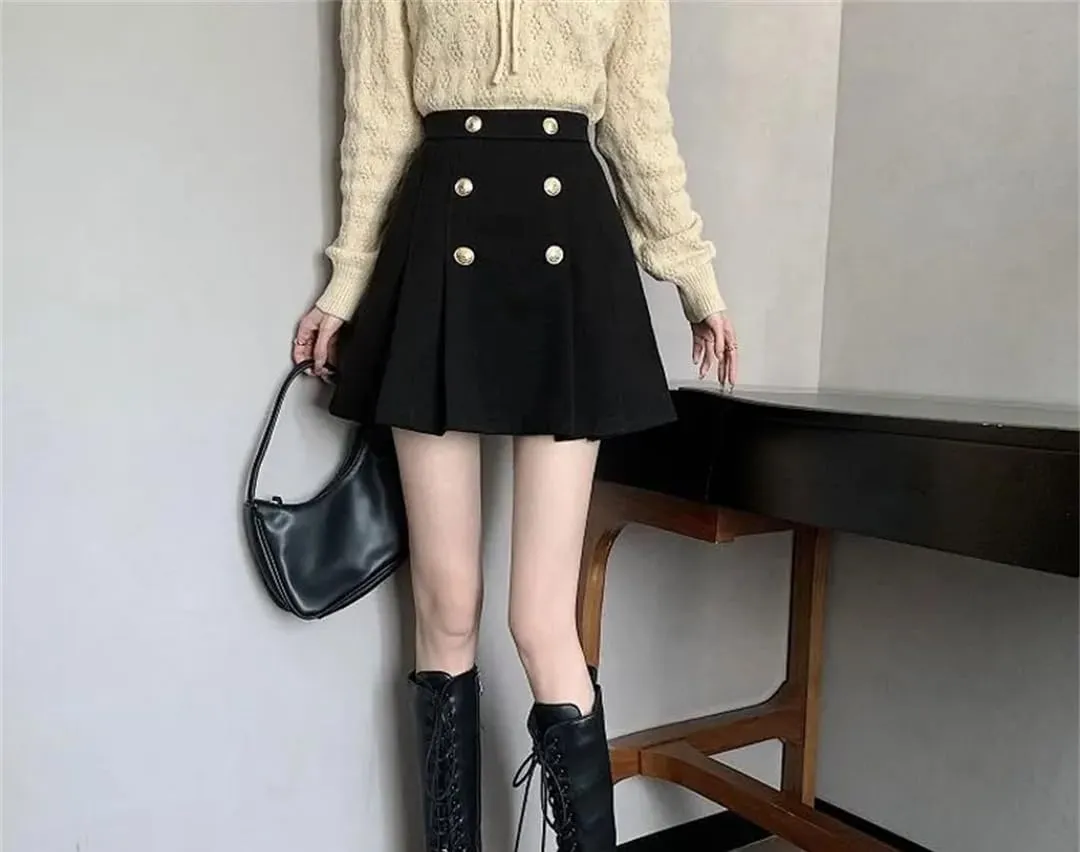 Women High Waist A-Line Pleated Skirts Fashion Button Basic Solid Color Mini Skater Skirt