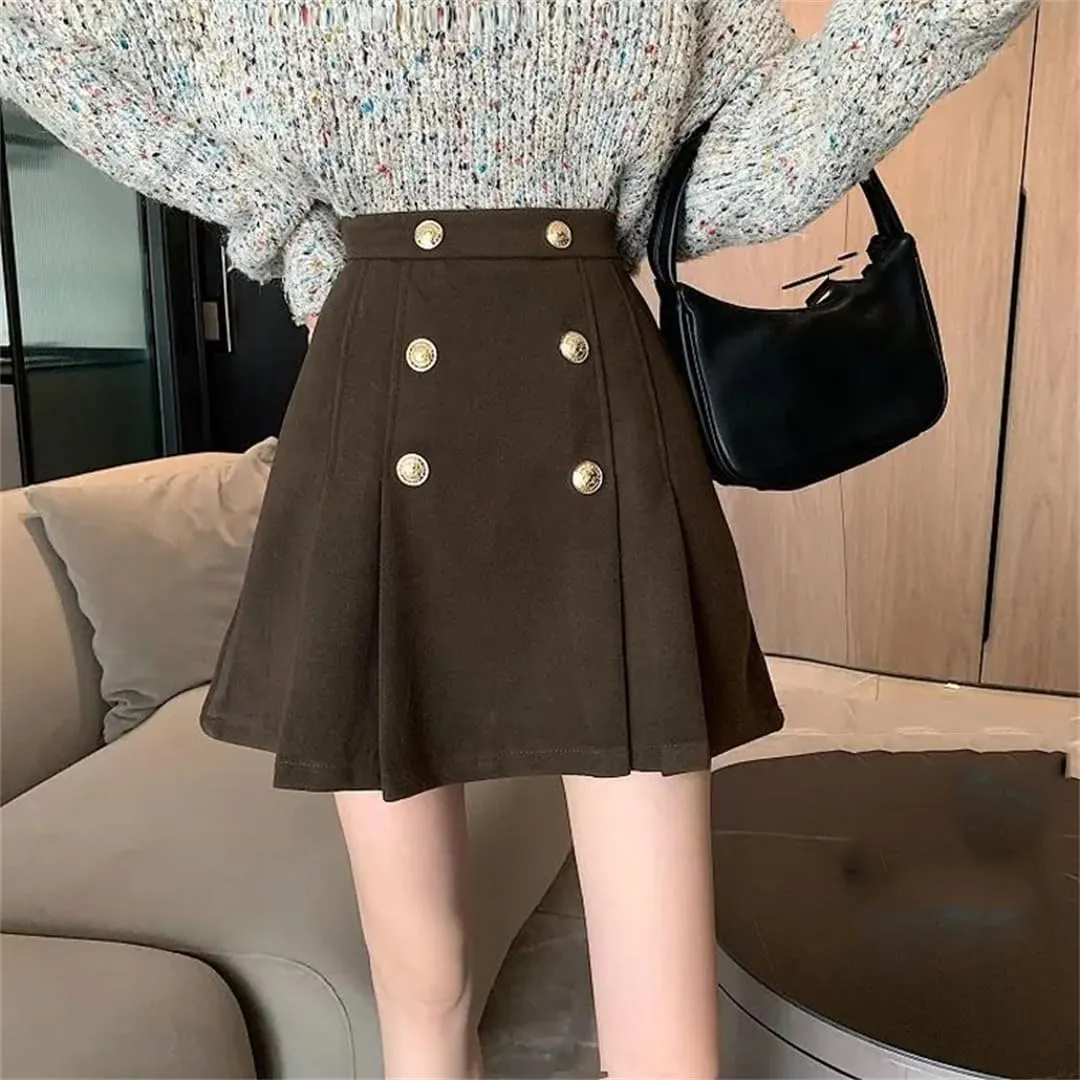 Women High Waist A-Line Pleated Skirts Fashion Button Basic Solid Color Mini Skater Skirt