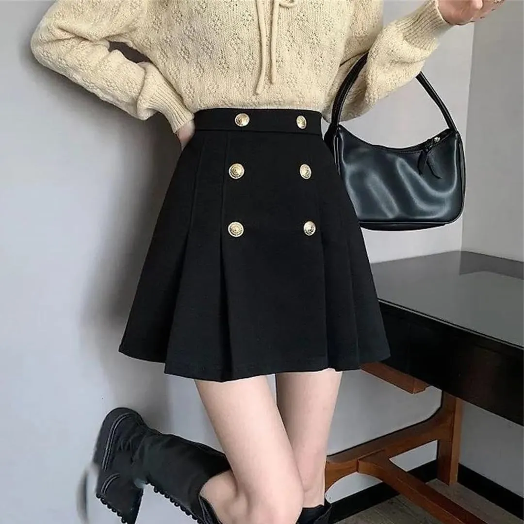 Women High Waist A-Line Pleated Skirts Fashion Button Basic Solid Color Mini Skater Skirt