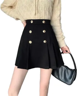 Women High Waist A-Line Pleated Skirts Fashion Button Basic Solid Color Mini Skater Skirt