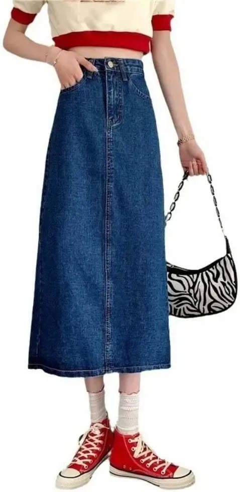 Women High Waist Button Front A-Line Denim Skirt Casual Full Length Maxi Skirt Vintage Chic Summer Style
