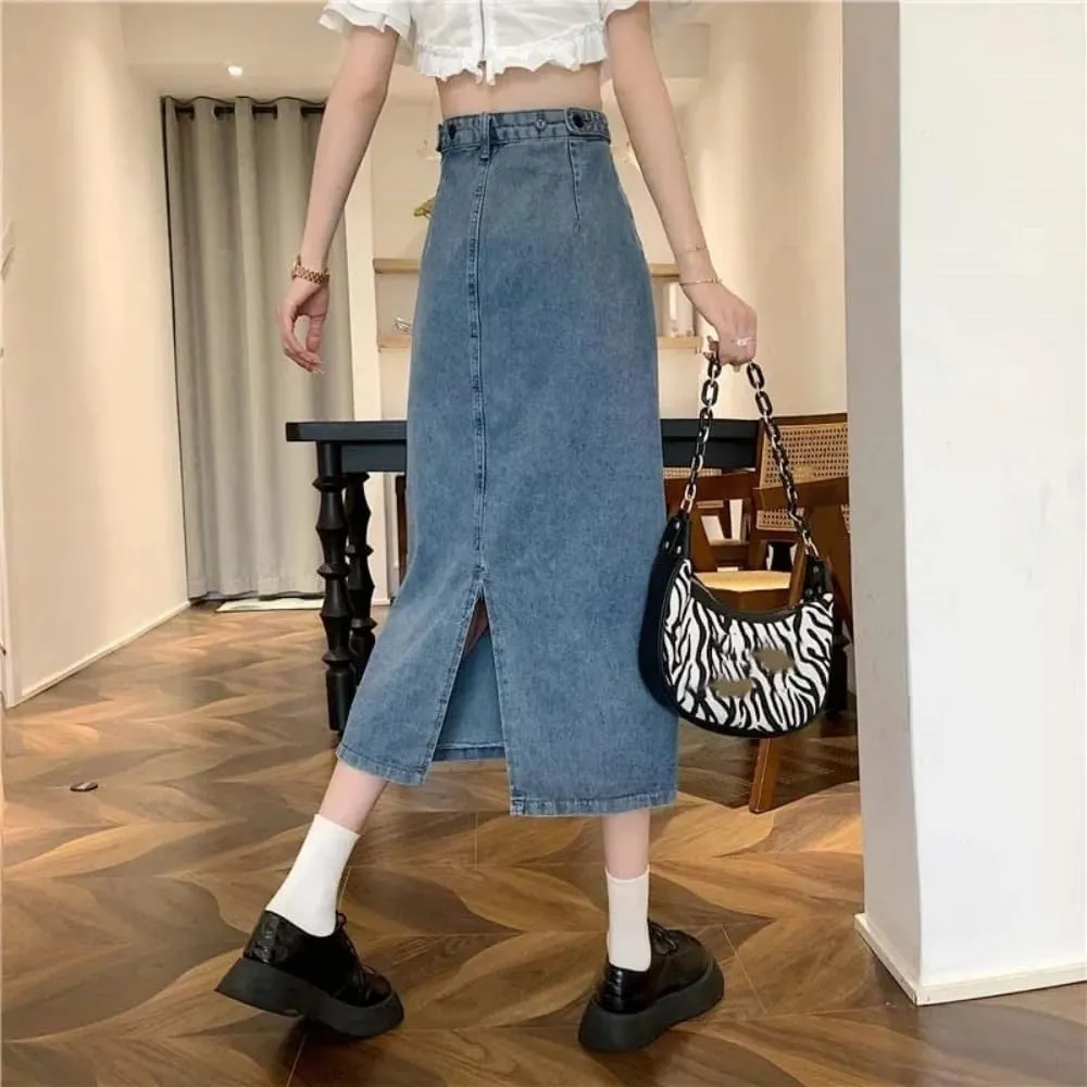 Women High Waist Button Front A-Line Denim Skirt Casual Full Length Maxi Skirt Vintage Chic Summer Style