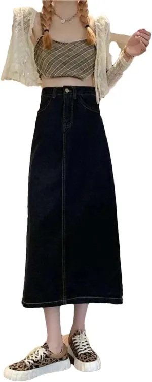 Women High Waist Button Front A-Line Denim Skirt Casual Full Length Maxi Skirt Vintage Chic Summer Style