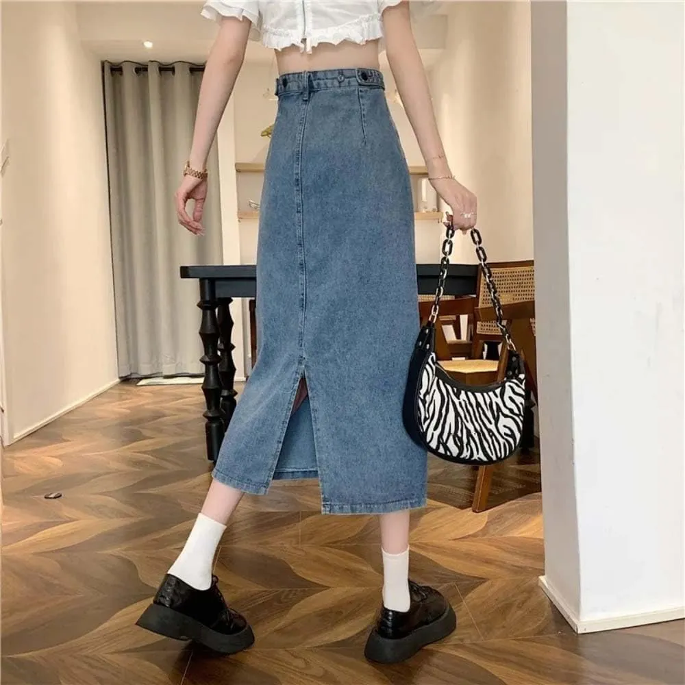 Women High Waist Button Front A-Line Denim Skirt Casual Full Length Maxi Skirt Vintage Chic Summer Style
