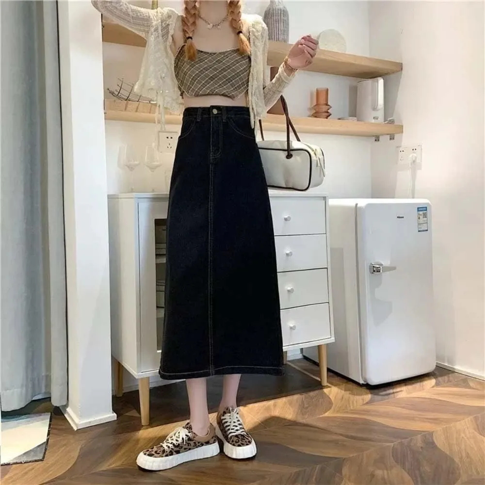 Women High Waist Button Front A-Line Denim Skirt Casual Full Length Maxi Skirt Vintage Chic Summer Style