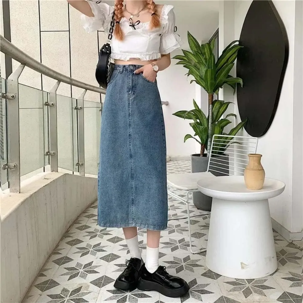 Women High Waist Button Front A-Line Denim Skirt Casual Full Length Maxi Skirt Vintage Chic Summer Style