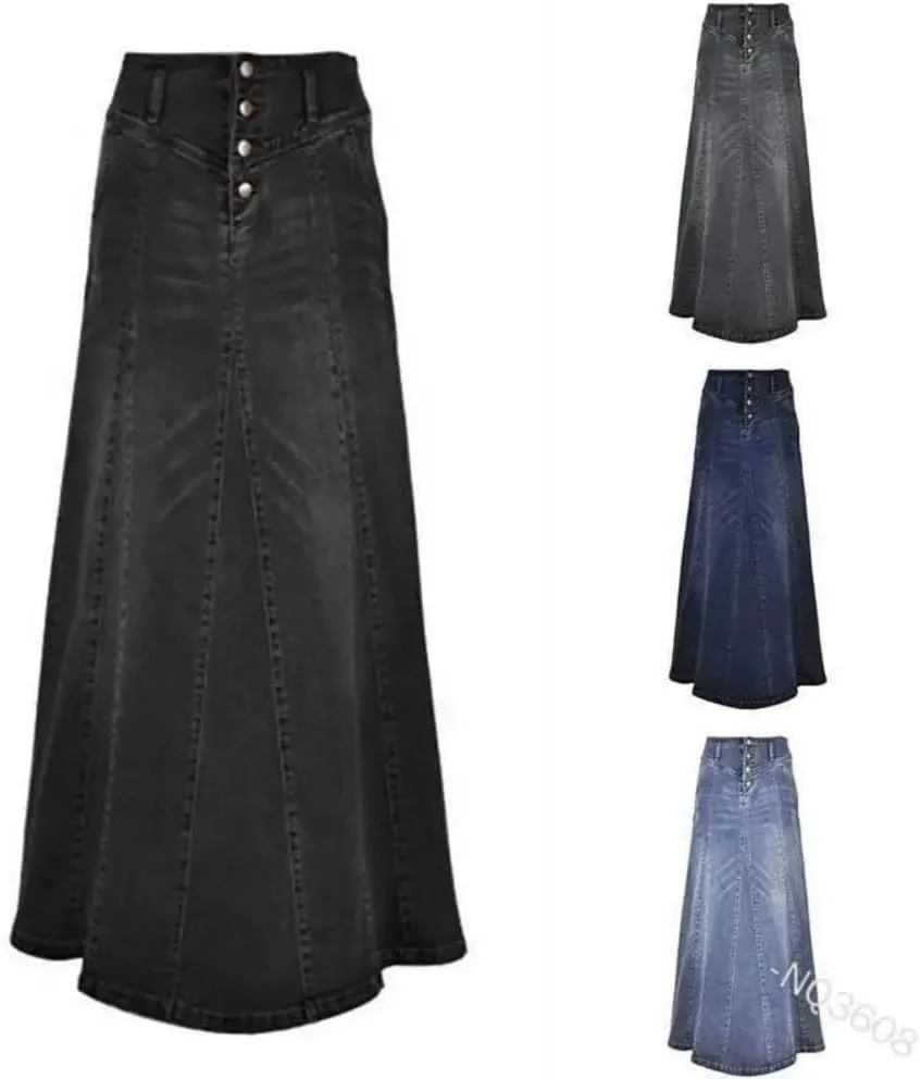 Women High Waist Button Front A-Line Denim Skirt Vintage Long Flare Slim Fit Casual Wear