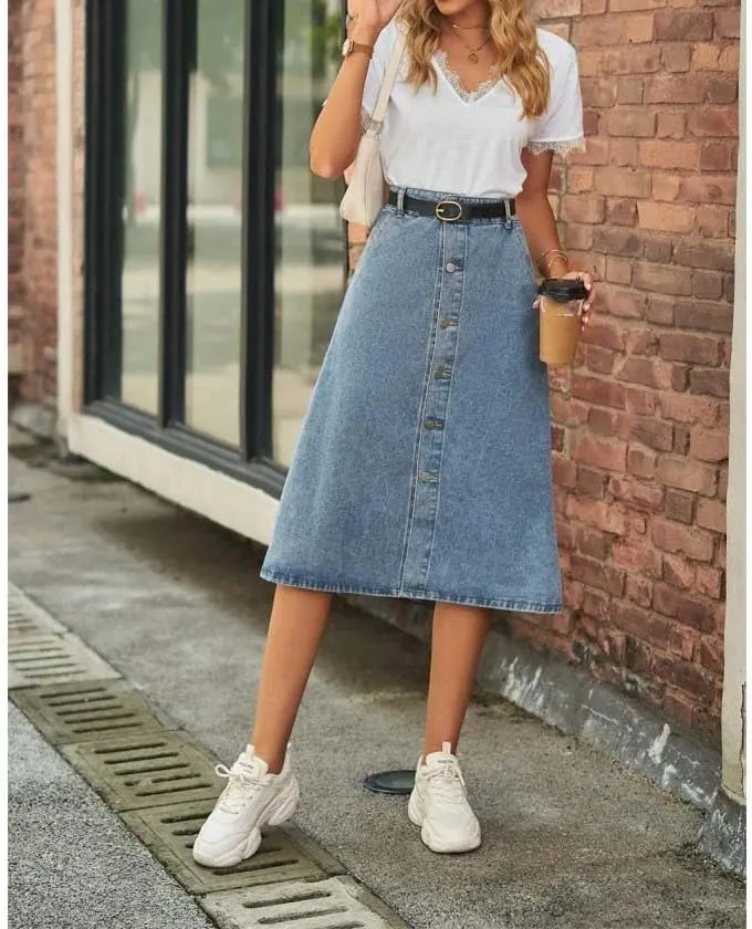 Women High Waist Button Front Denim Skirt Casual A-Line Midi Skirt with Belt and Pockets Vintage Style