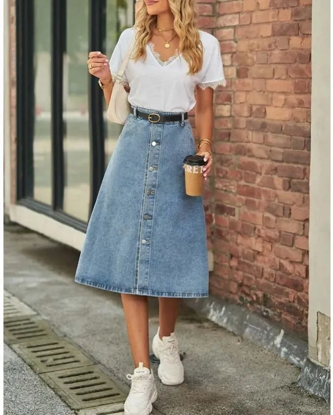 Women High Waist Button Front Denim Skirt Casual A-Line Midi Skirt with Belt and Pockets Vintage Style