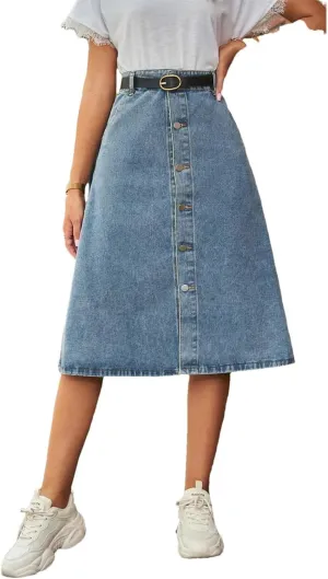 Women High Waist Button Front Denim Skirt Casual A-Line Midi Skirt with Belt and Pockets Vintage Style