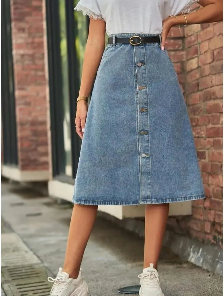 Women High Waist Button Front Denim Skirt Casual A-Line Midi Skirt with Belt and Pockets Vintage Style