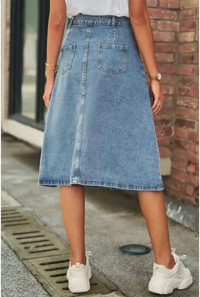 Women High Waist Button Front Denim Skirt Casual A-Line Midi Skirt with Belt and Pockets Vintage Style