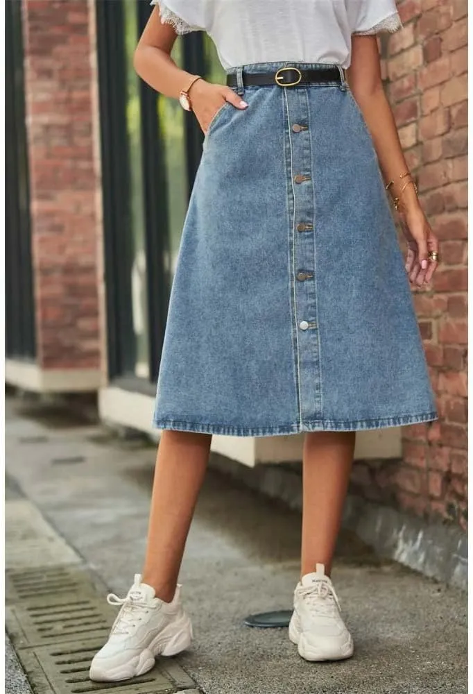 Women High Waist Button Front Denim Skirt Casual A-Line Midi Skirt with Belt and Pockets Vintage Style