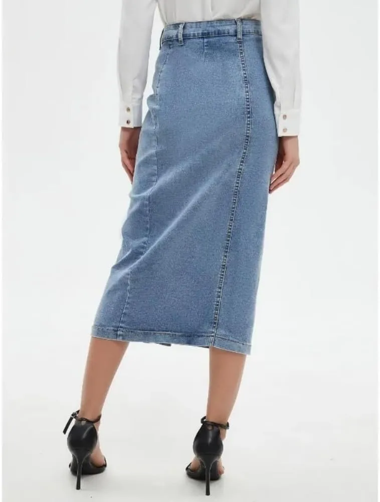 Women High Waist Button Front Denim Skirt Casual Midi A-Line Stretch Slim Fit Vintage Side Slit Skirt
