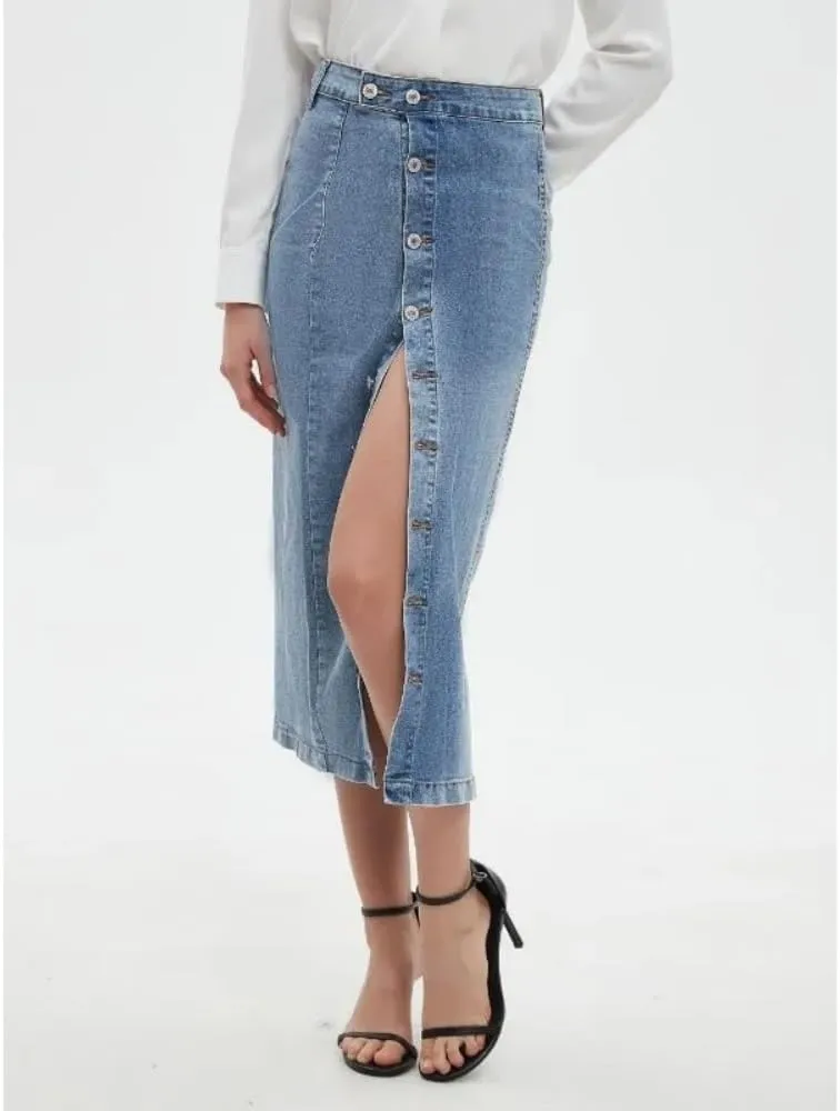 Women High Waist Button Front Denim Skirt Casual Midi A-Line Stretch Slim Fit Vintage Side Slit Skirt