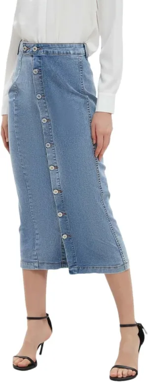 Women High Waist Button Front Denim Skirt Casual Midi A-Line Stretch Slim Fit Vintage Side Slit Skirt