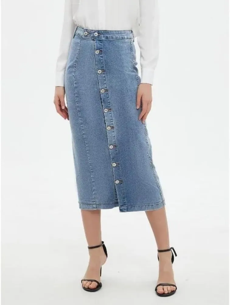 Women High Waist Button Front Denim Skirt Casual Midi A-Line Stretch Slim Fit Vintage Side Slit Skirt