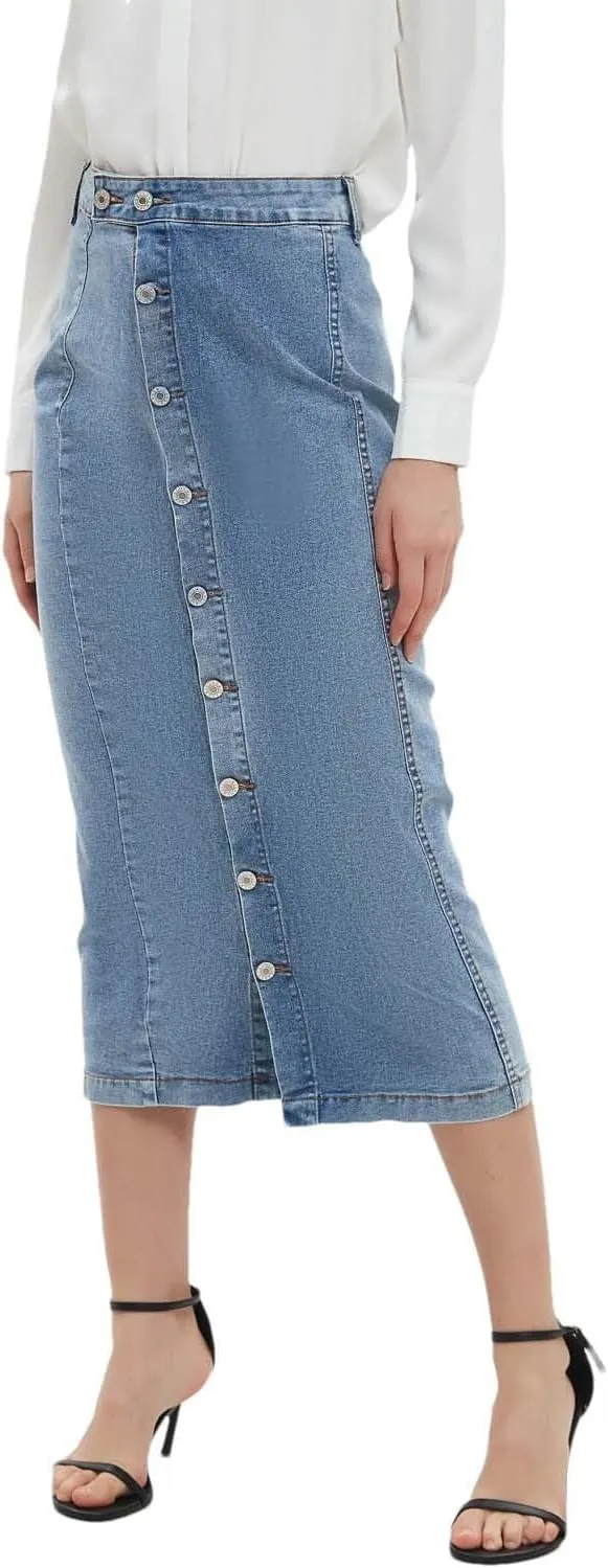 Women High Waist Button Front Denim Skirt Casual Midi A-Line Stretch Slim Fit Vintage Side Slit Skirt