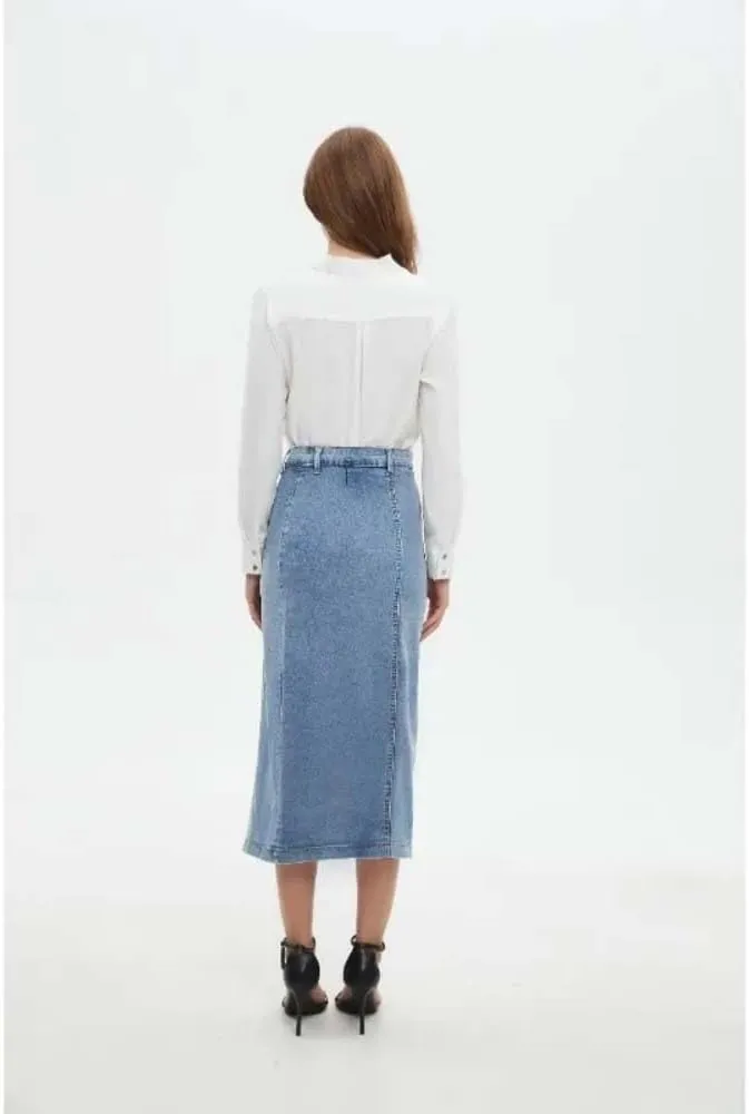 Women High Waist Button Front Denim Skirt Casual Midi A-Line Stretch Slim Fit Vintage Side Slit Skirt