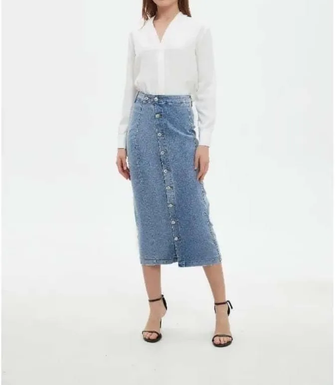 Women High Waist Button Front Denim Skirt Casual Midi A-Line Stretch Slim Fit Vintage Side Slit Skirt