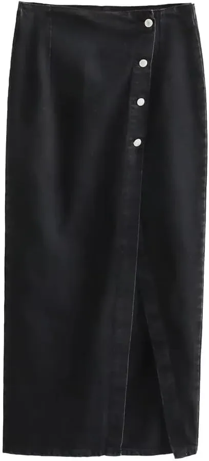Women High Waist Button Front Slit Denim Skirt Casual Vintage A-Line Midi Skirt with Pockets