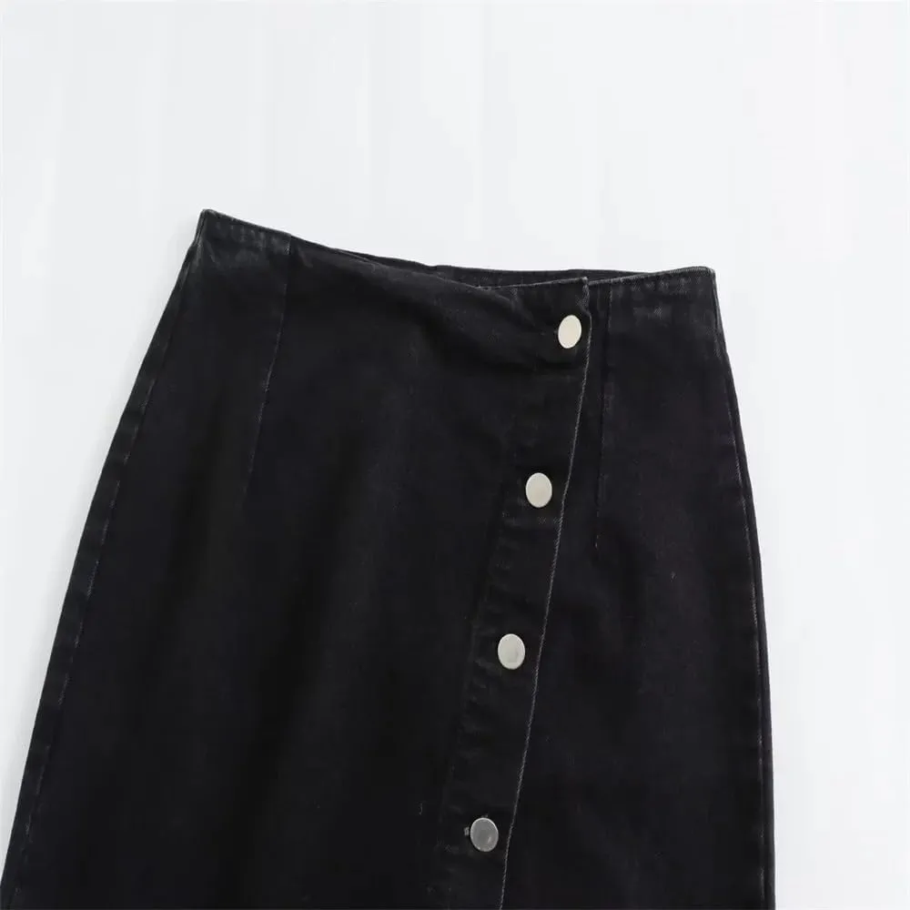 Women High Waist Button Front Slit Denim Skirt Casual Vintage A-Line Midi Skirt with Pockets