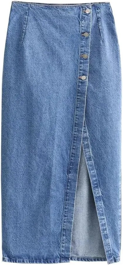Women High Waist Button Front Slit Denim Skirt Casual Vintage A-Line Midi Skirt with Pockets