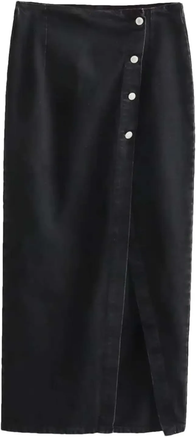 Women High Waist Button Front Slit Denim Skirt Casual Vintage A-Line Midi Skirt with Pockets