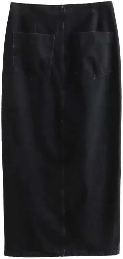 Women High Waist Button Front Slit Denim Skirt Casual Vintage A-Line Midi Skirt with Pockets