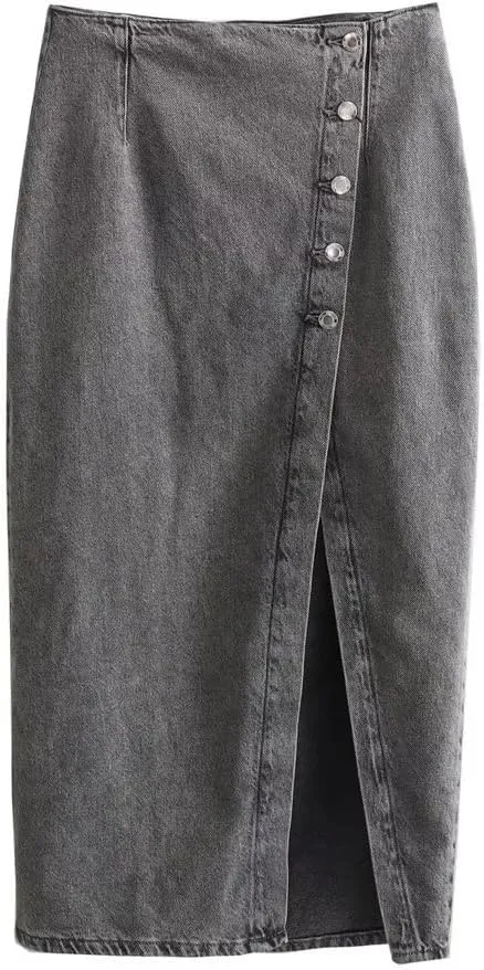 Women High Waist Button Front Slit Denim Skirt Casual Vintage A-Line Midi Skirt with Pockets