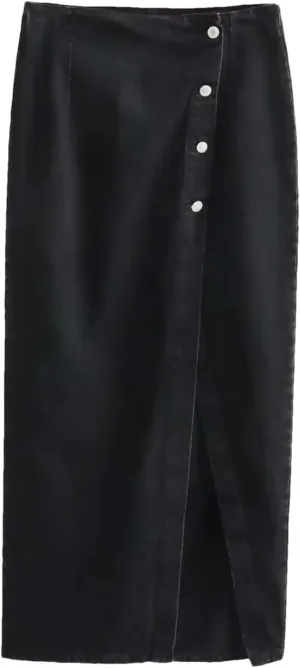 Women High Waist Button Front Slit Denim Skirt Casual Vintage A-Line Midi Skirt with Pockets