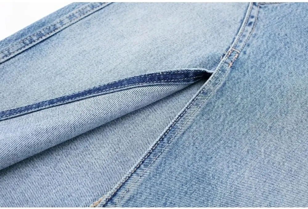 Women High Waist Button Front Split Denim Skirt Casual Maxi Skirt Vintage Side Slit Distressed Skirt